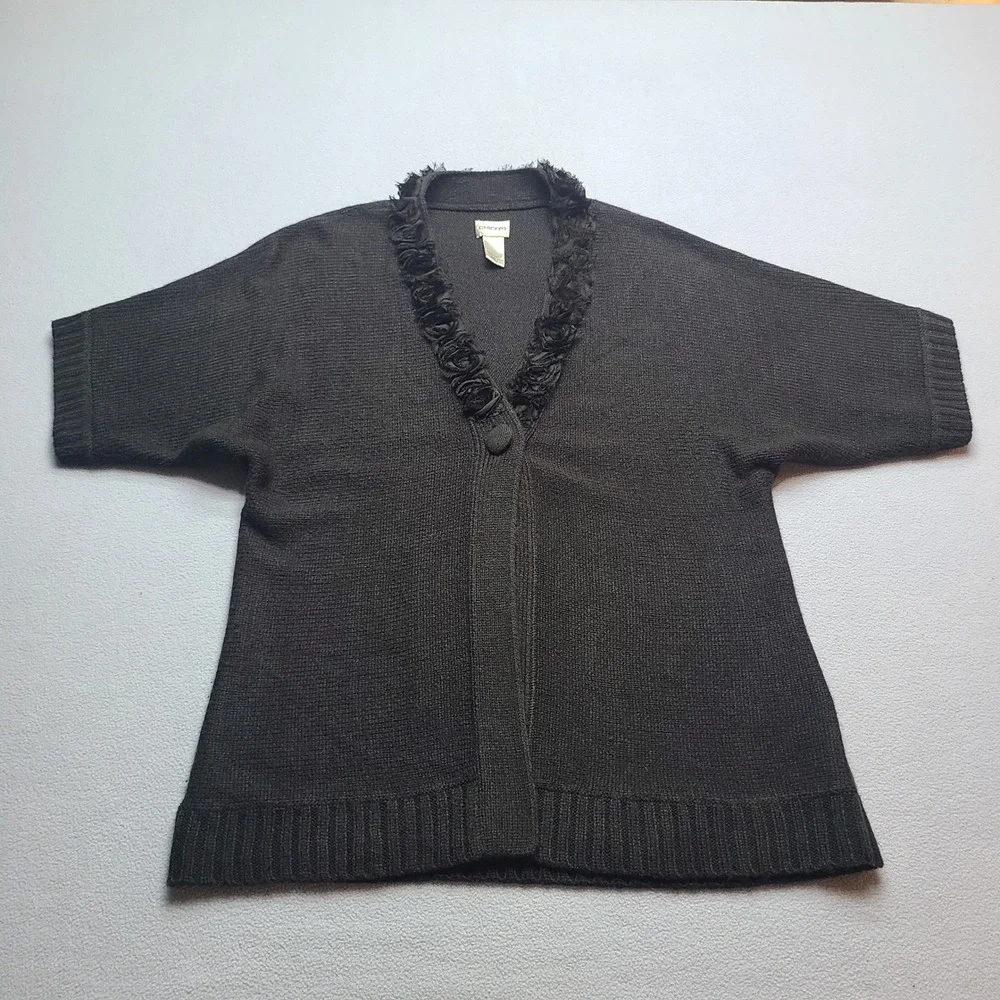 Chico's Cardigan Women Size 2 Black Excellent Rosette Trim Short Sleeve Knit